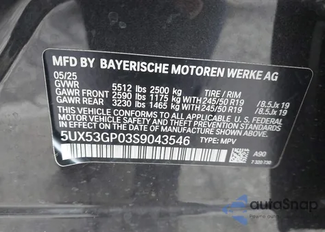 2025 BMW X3 30 xDrive from USA, damaged, VIN 5UX53GP03S9043546